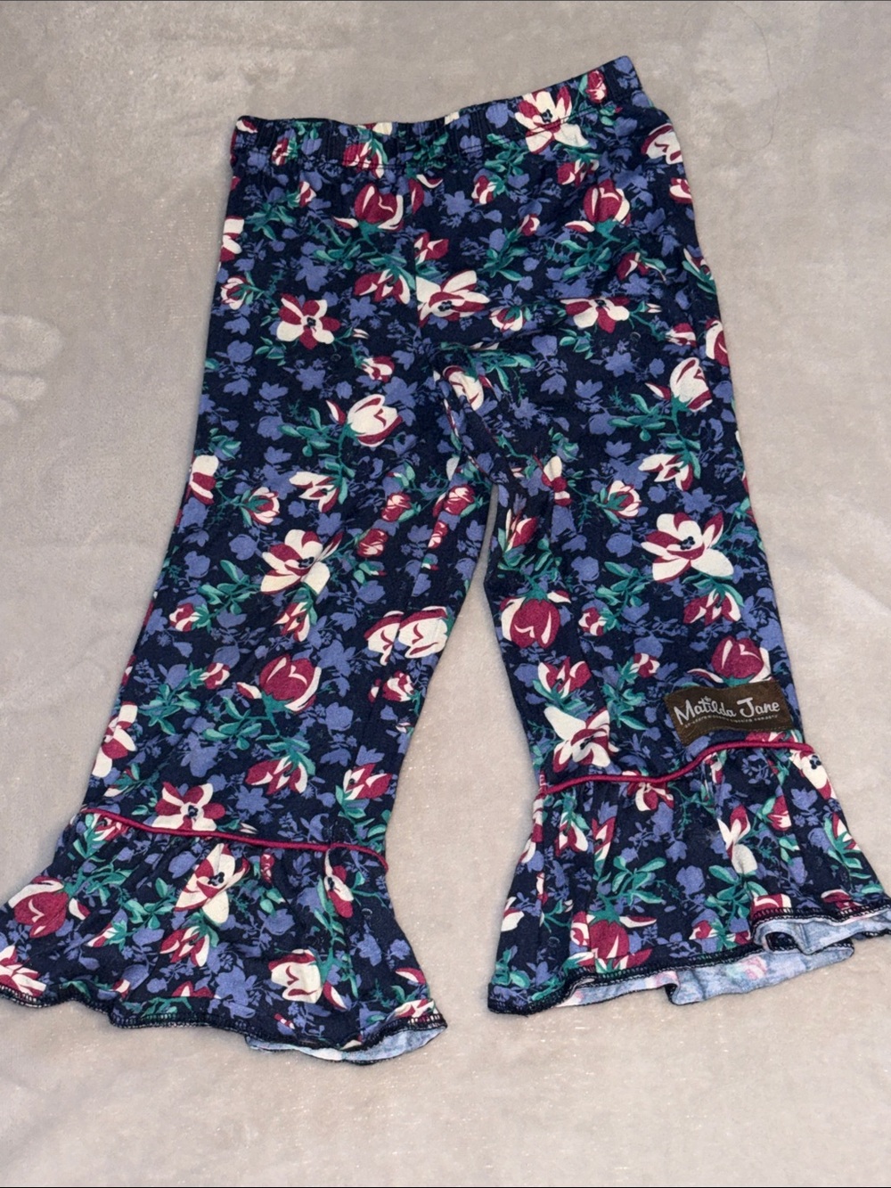 Matilda Jane Navy Floral Ruffle Pajama Bottoms with Burgundy and Cream Flowers